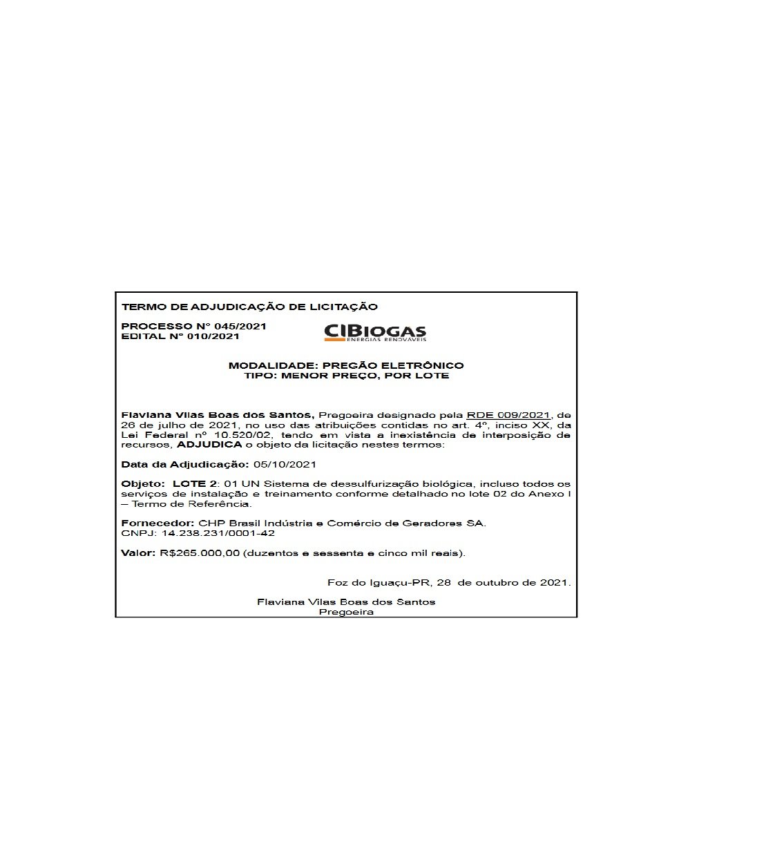 CIBIOGAS – TERMO DE ADJUDICAÇÃO DE LICITAÇÃO