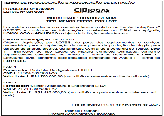 CIBIOGAS – Termo de Homologação e Adjudicação de Licitação