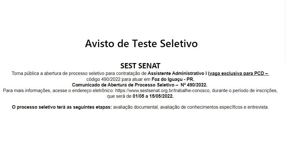 Teste Seletivo: SEST SENAT